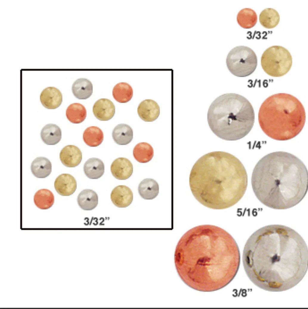 Assorted metallic beads in gold, silver, copper; sizes 3/32” to 3/8” for Native American craft and jewelry making