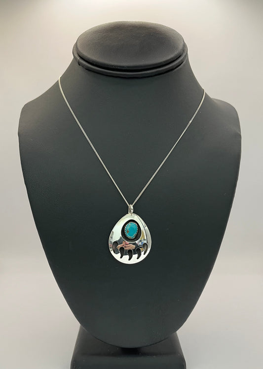 Large Sterling Silver Bear Claw with Turquoise Pendant with Chain