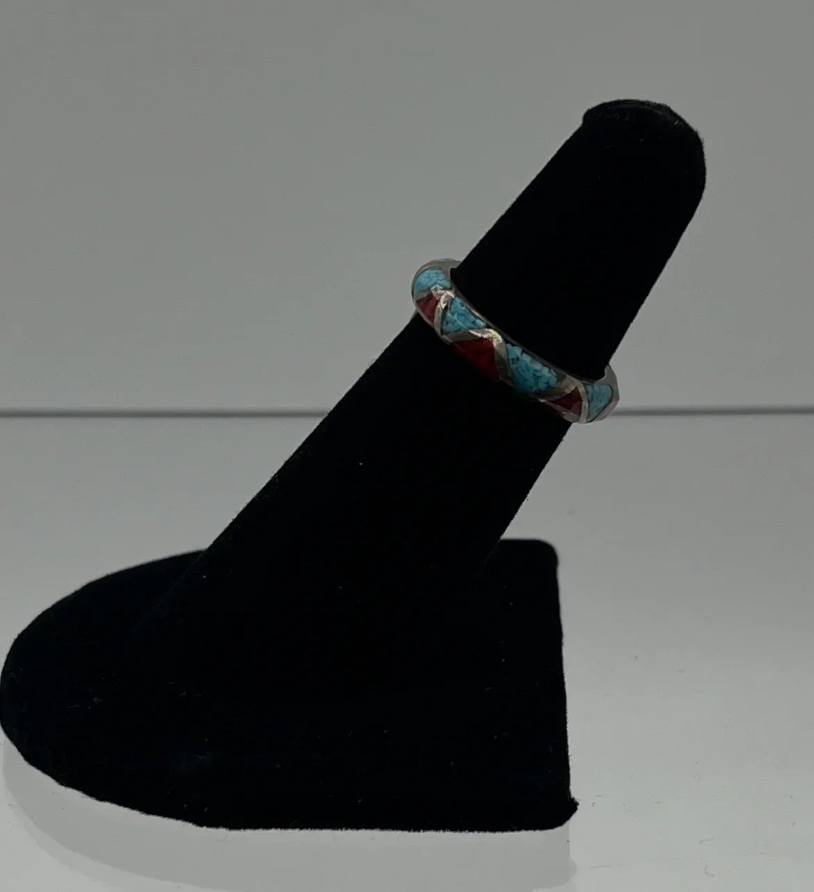 Turquoise, Coral and Sterling Silver Band; Size 5.5