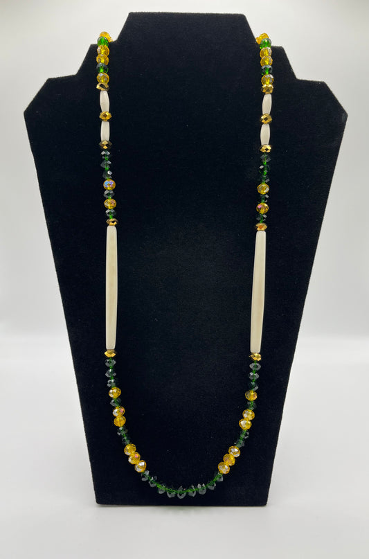 Bone and Bead Necklace Green and Gold