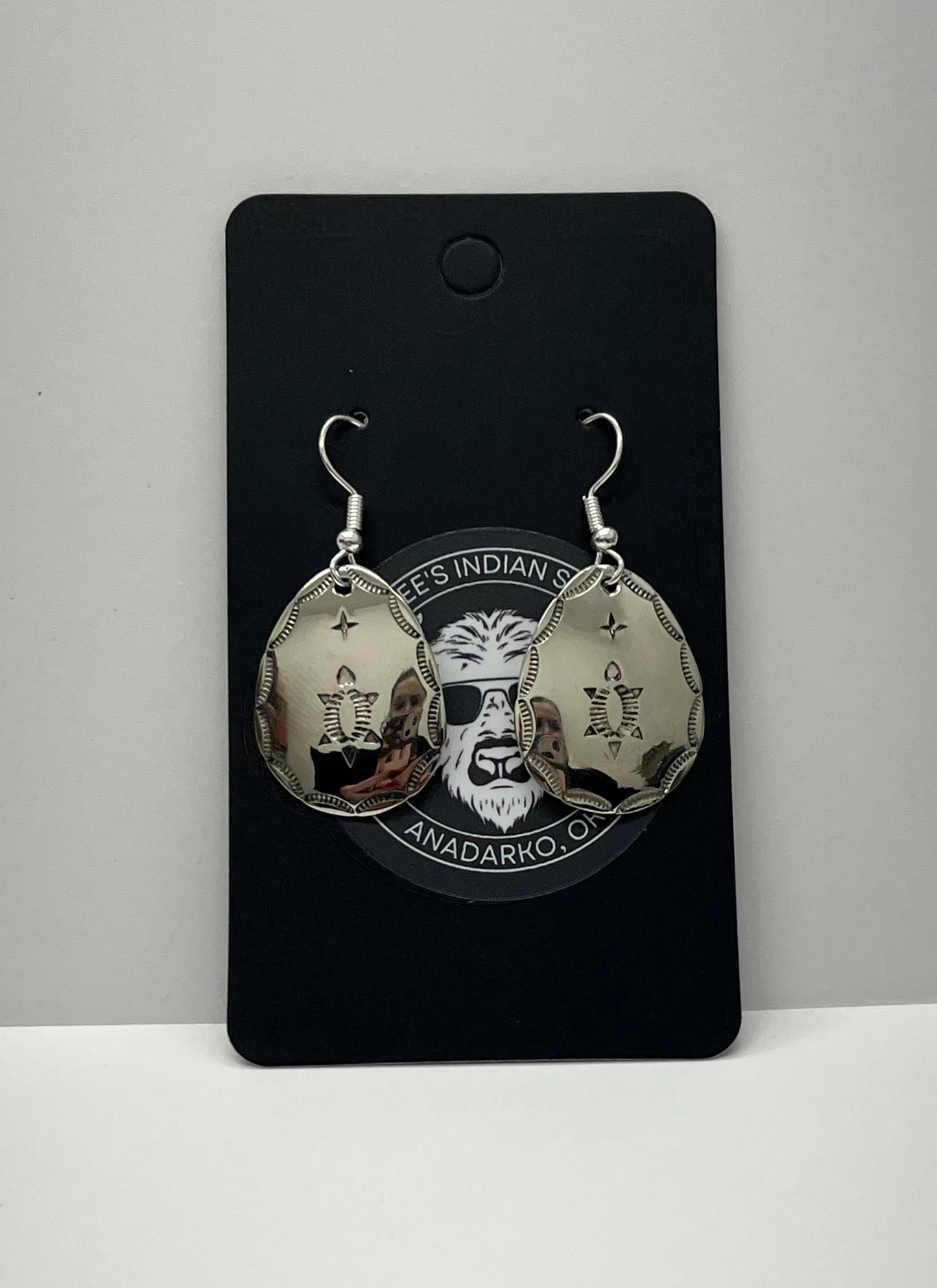 German Silver Pear Shaped, Stamped Earrings with Turtle Design