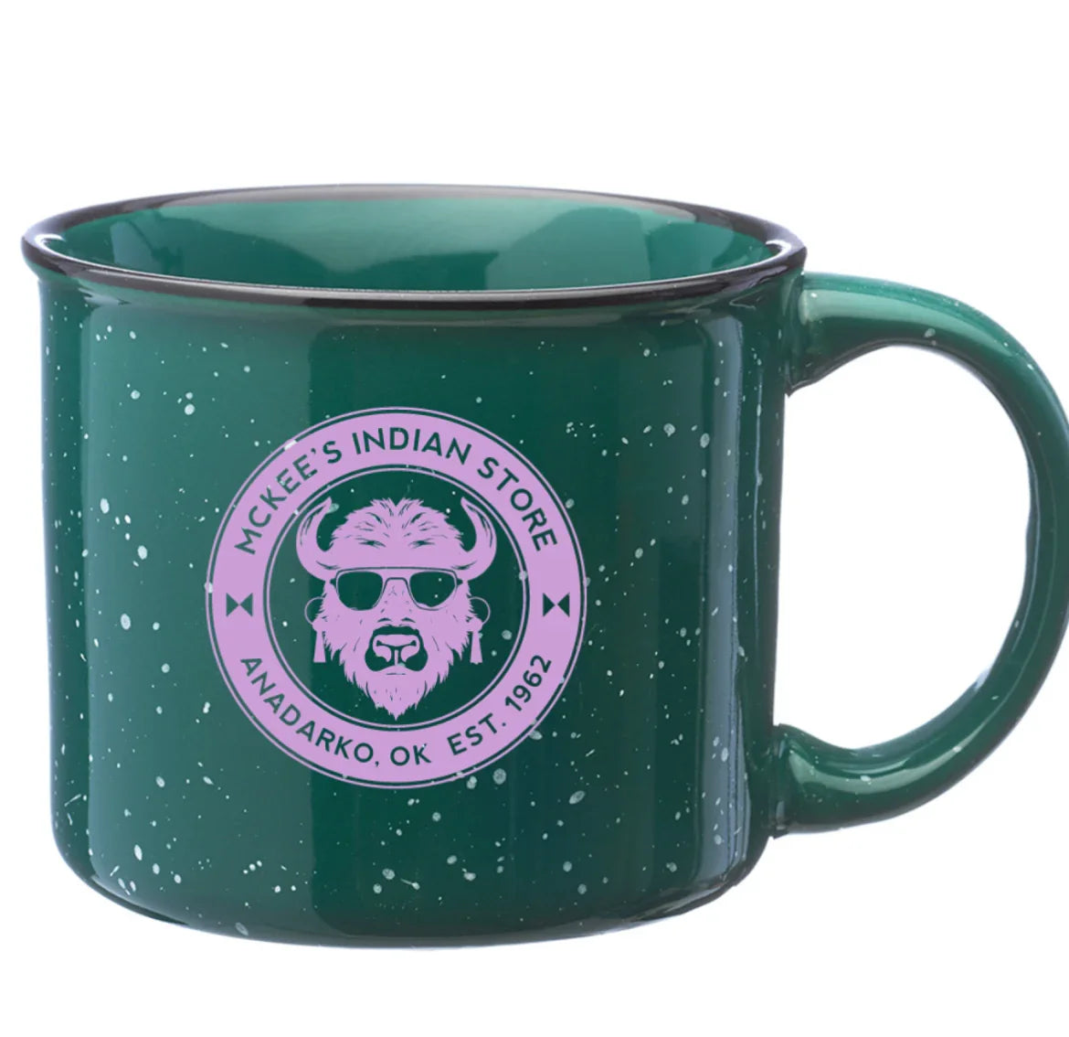 Green speckled enamel mug with purple bison logo, McKee's Indian Store, Anadarko OK