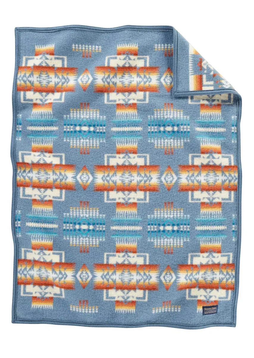 Native American patterned blanket with geometric designs in blue, orange, and white for traditional crafts