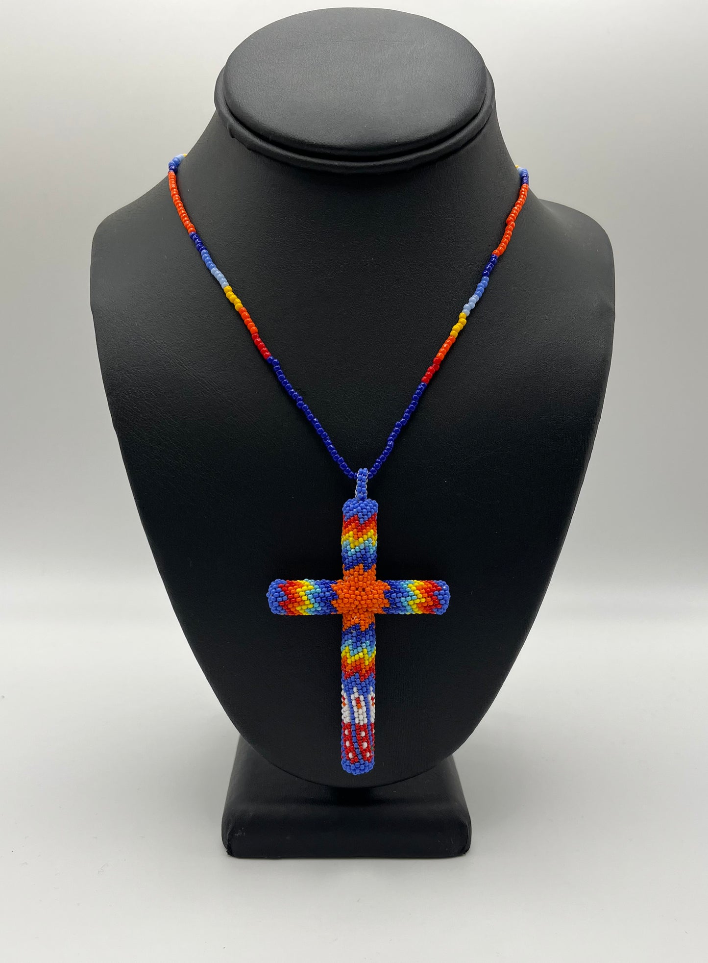 Beaded Cross; Royal Blue with Orange and Red Detail