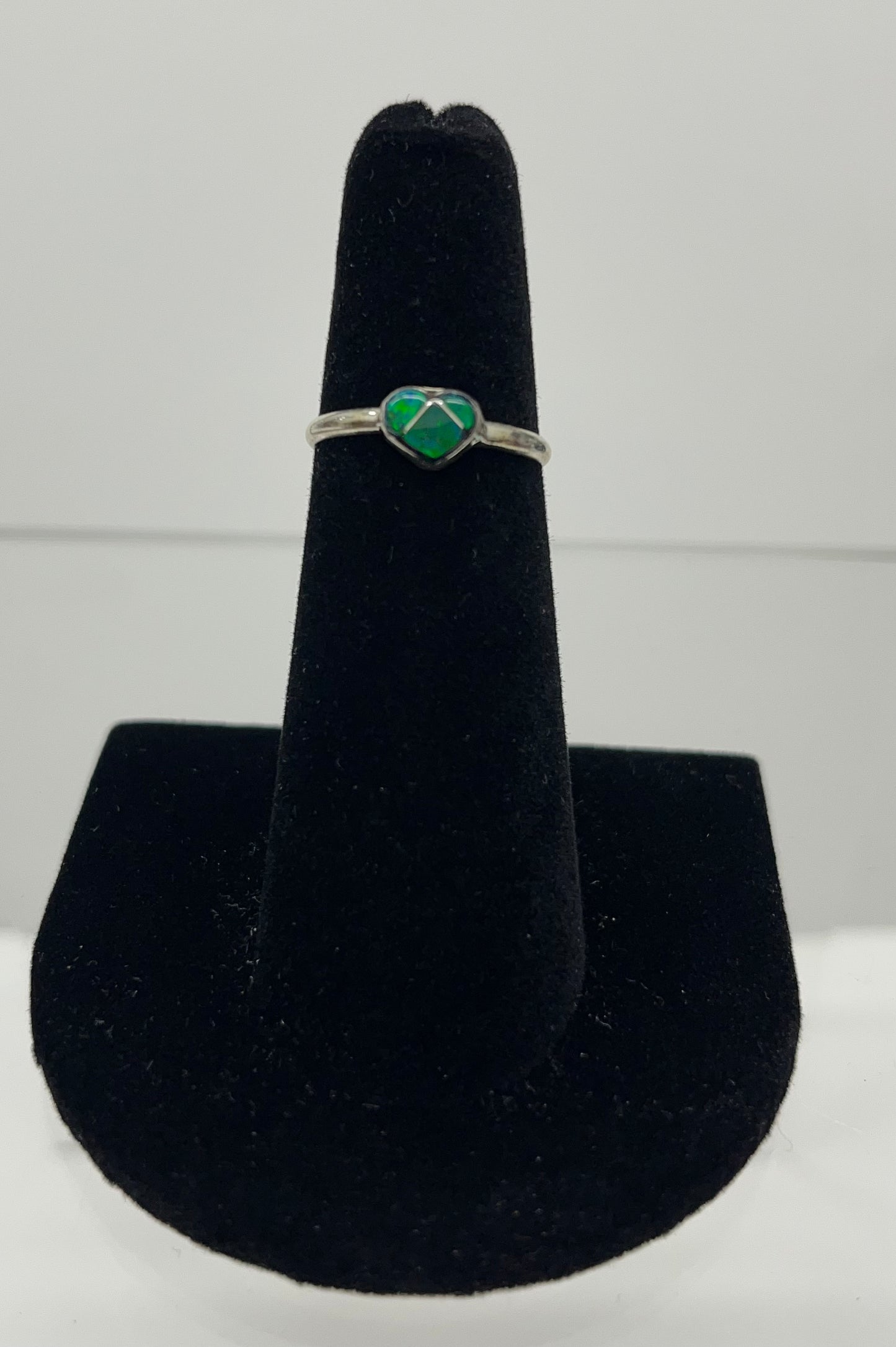 Petite Green Opal and Sterling Silver Heart Ring Size 6.25
