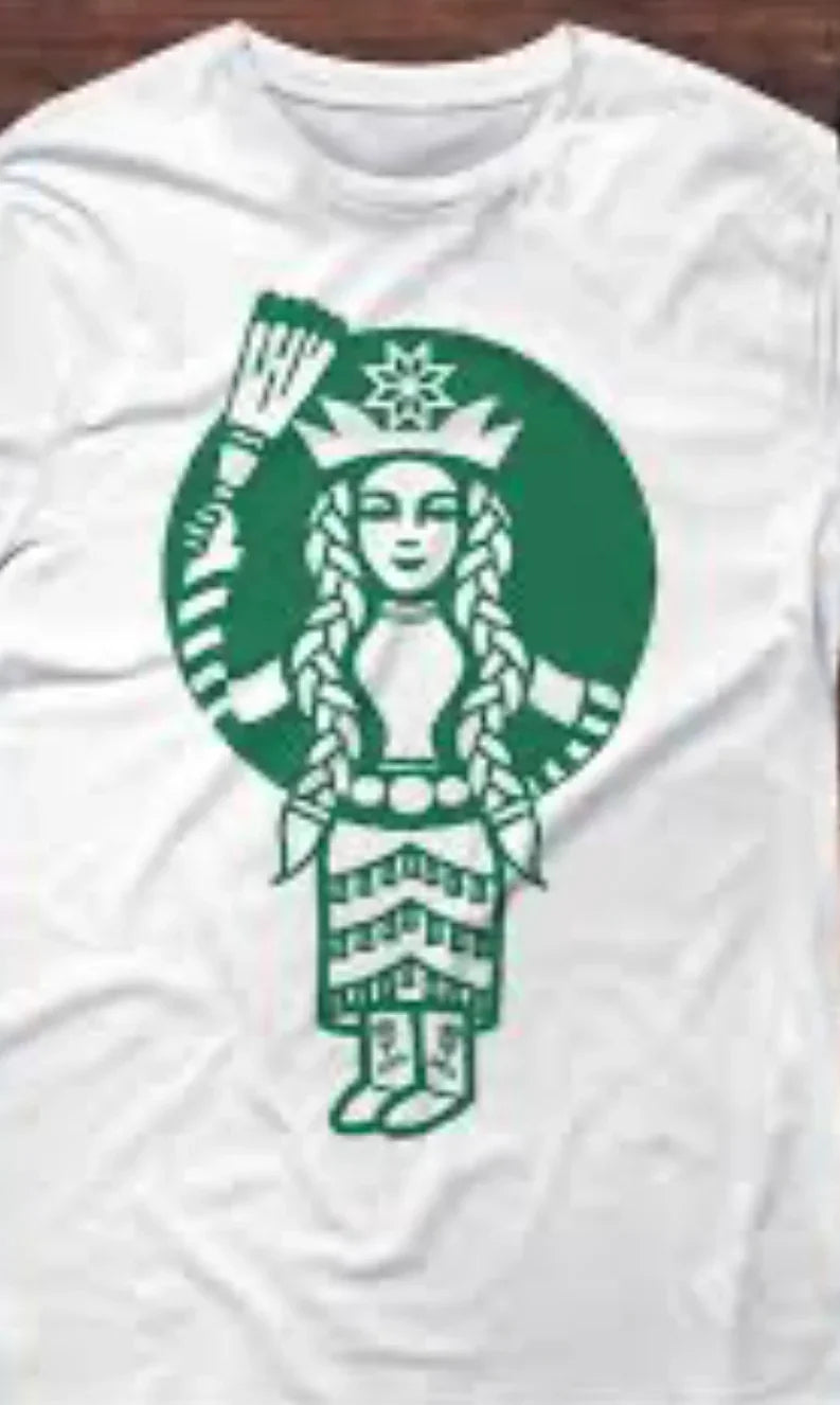 White t-shirt with green Native American-inspired graphic design featuring braided hair and traditional patterns