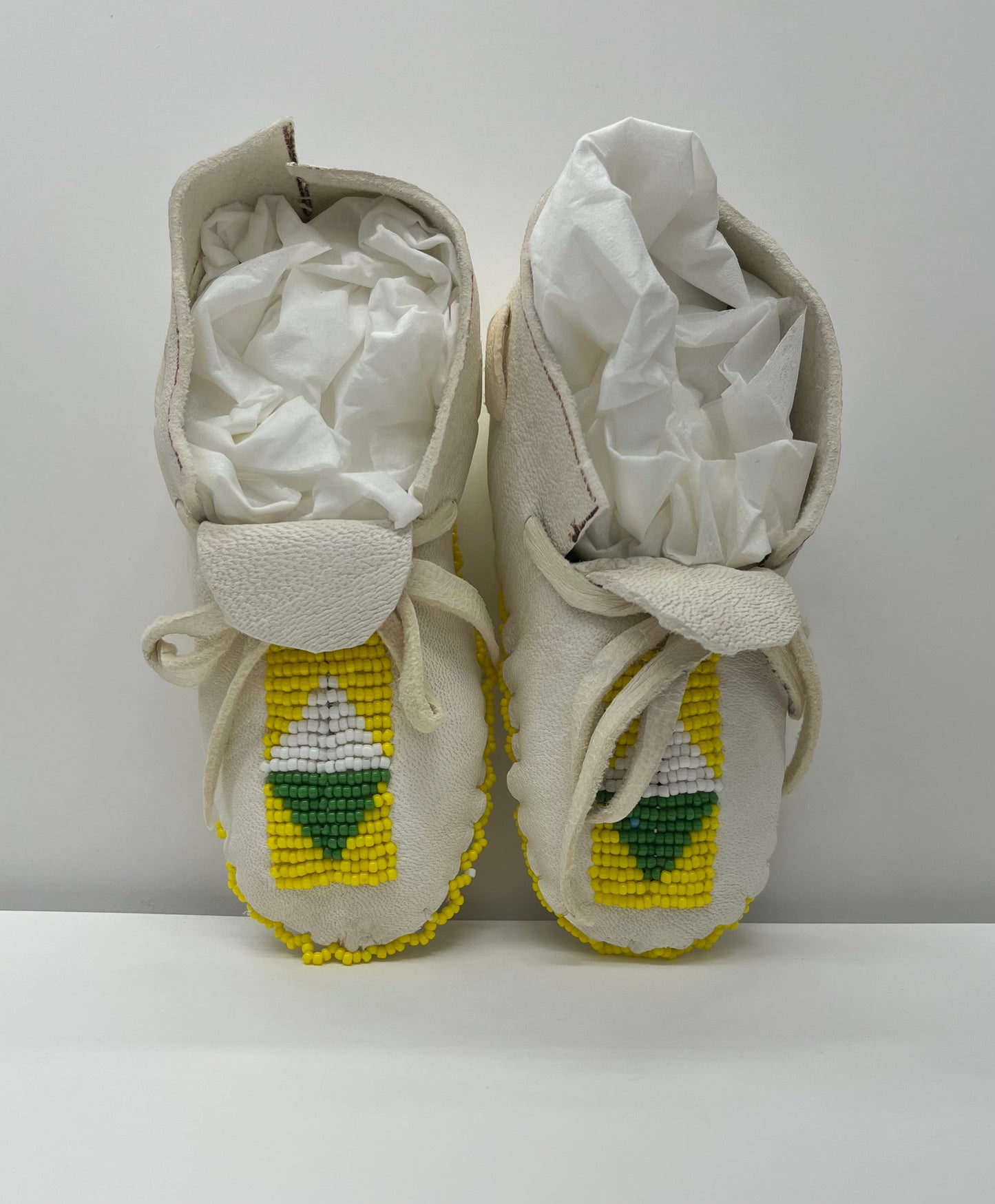 White Beaded Baby Moccasins; Green and Yellow