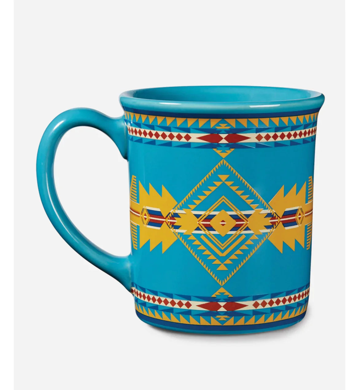 Turquoise mug with Native American geometric patterns in yellow, red, and blue