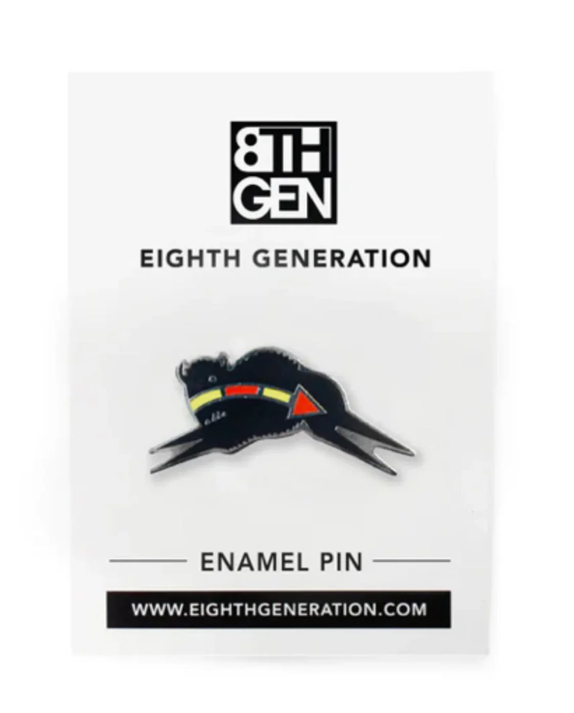 Eighth Generation enamel pin featuring a black bison with red, yellow, and orange accents, ideal for Native art enthusiasts.