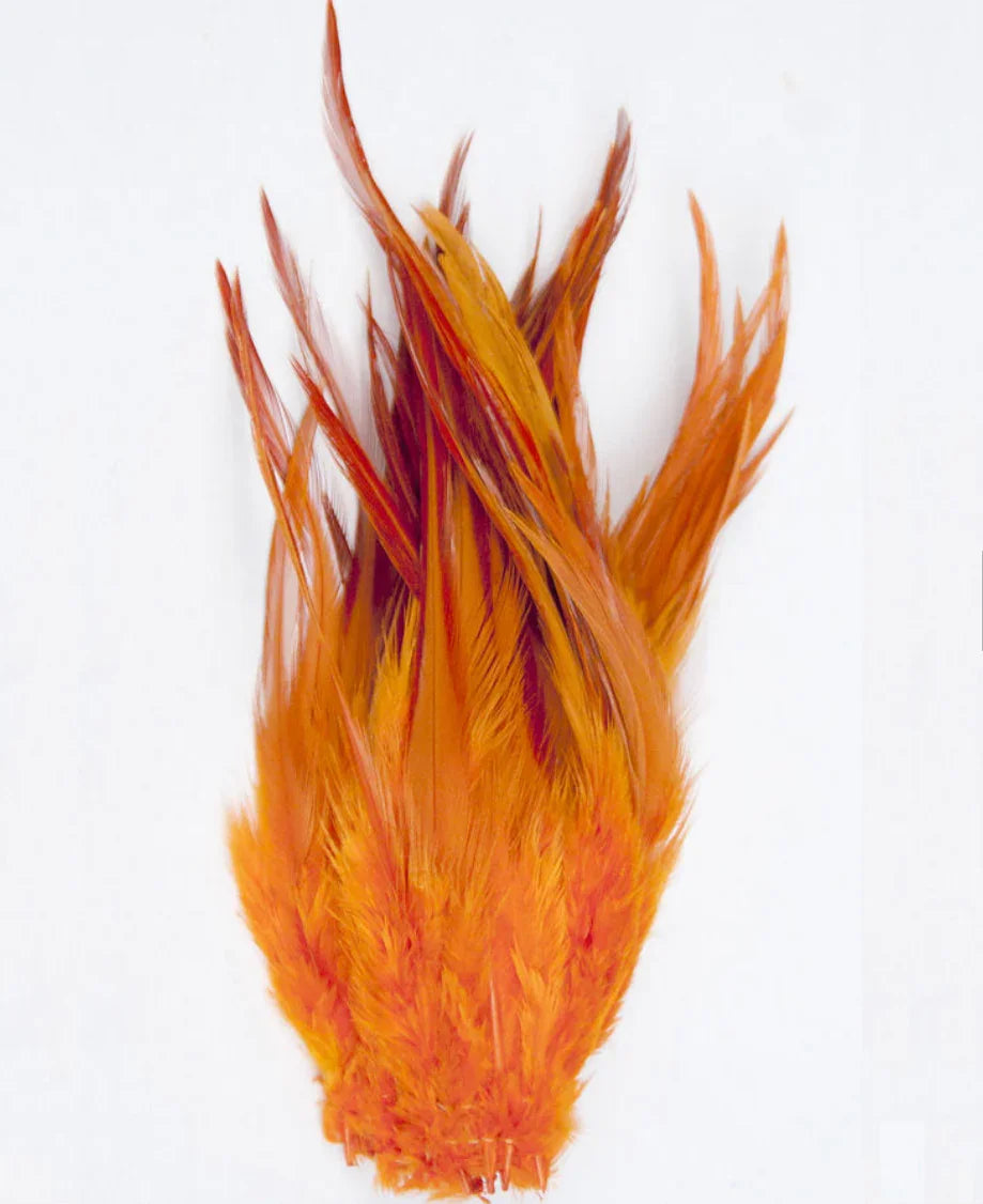 Vibrant orange and red rooster feathers for Native American crafts and traditional regalia