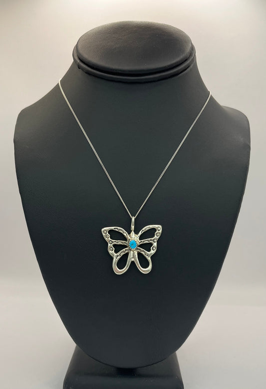 Sterling Silver Butterfly Pendant with Turquoise on Chain