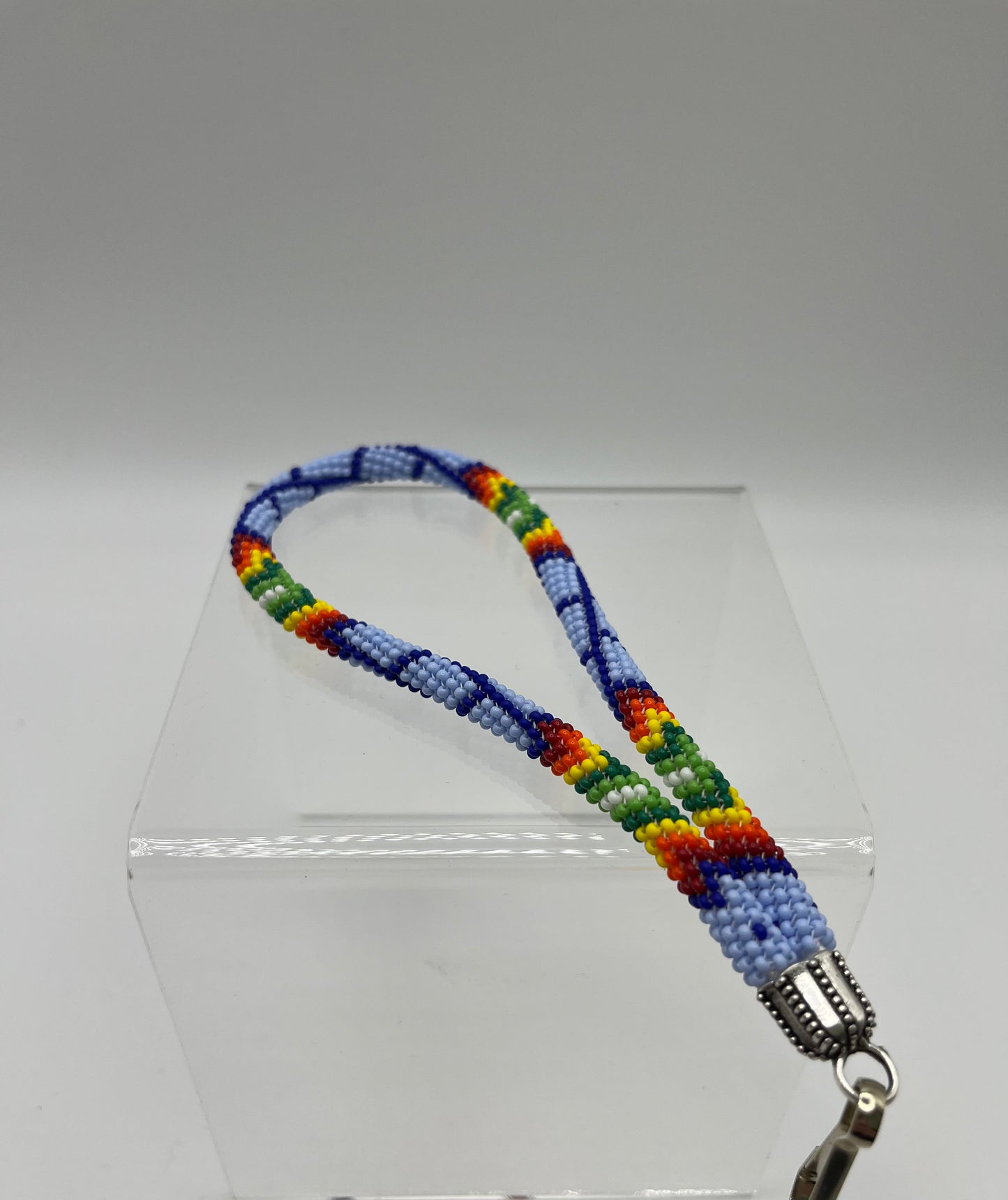 Beaded Keychain Wristlet; Periwinkle Blue with Red and Yellow Detail