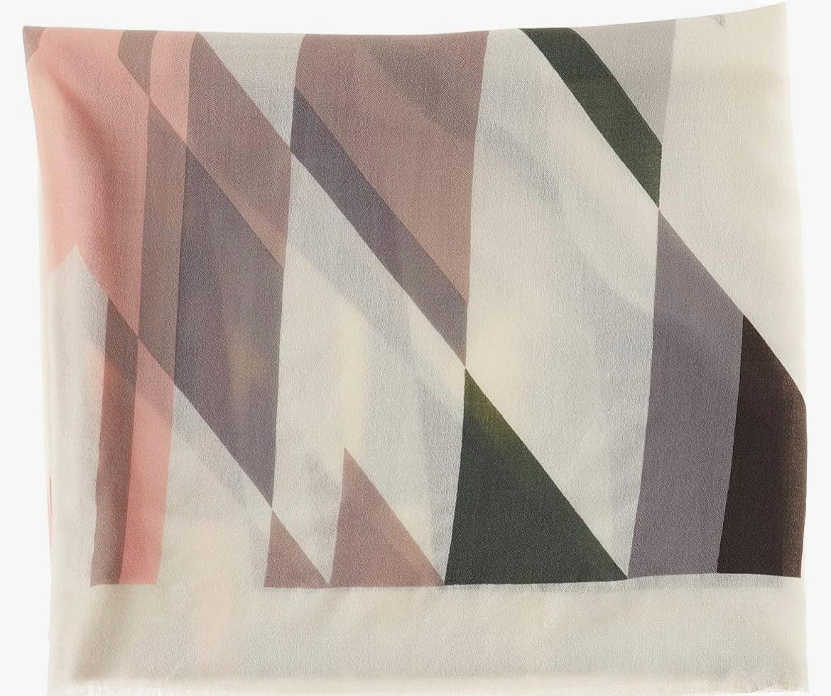 Geometric patterned scarf with soft pink, gray, and green tones for traditional or modern wear