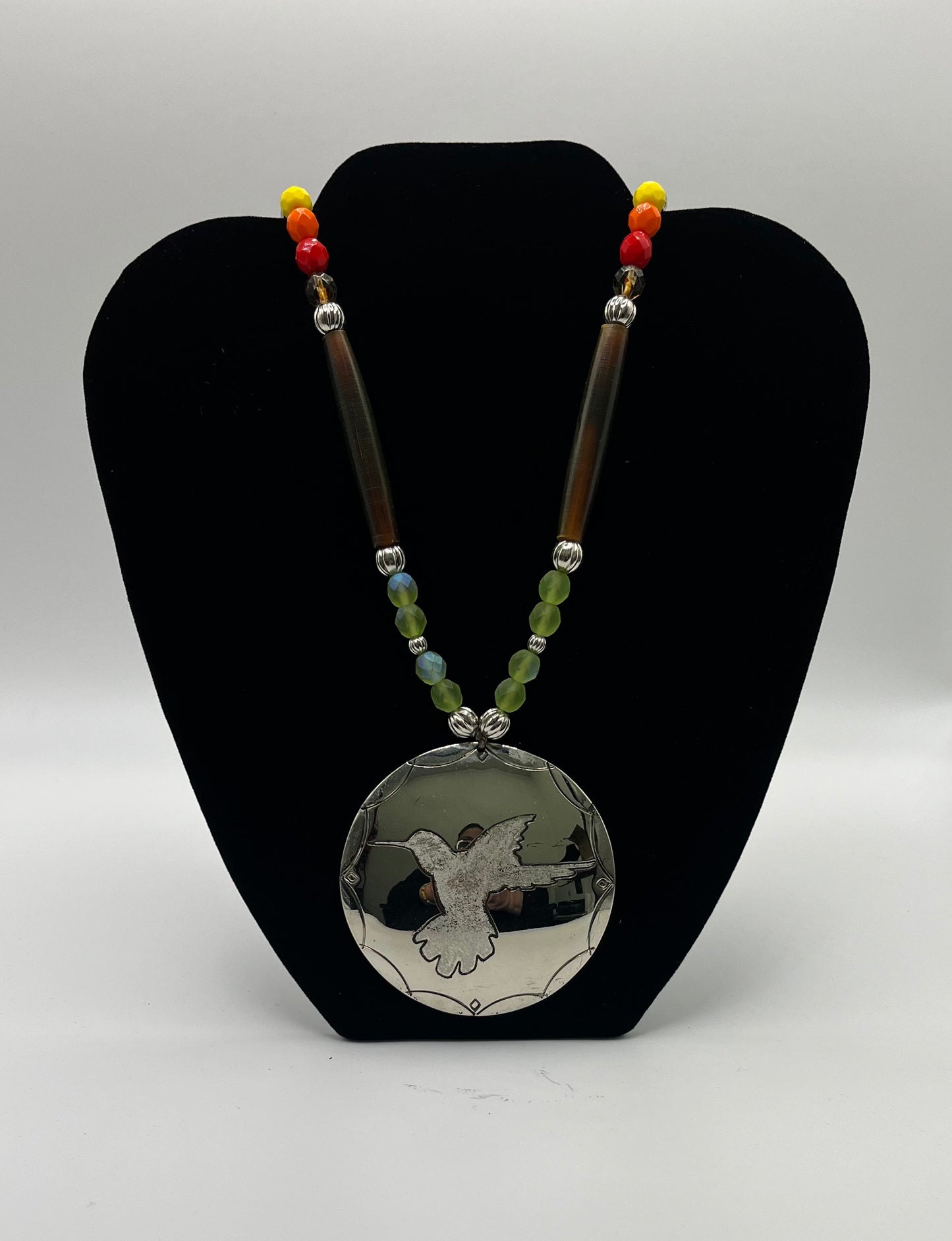 Charley Johnson German Silver Medallion with Bone and Beads; Hummingbird