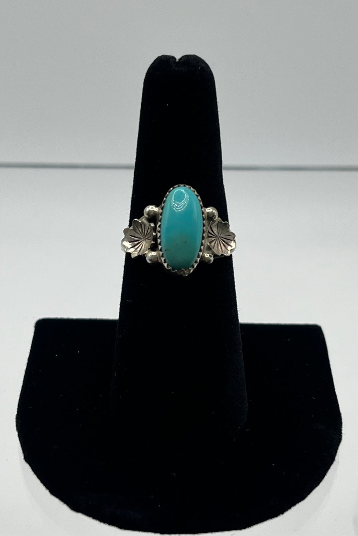 Turquoise and Sterling Silver Ring with Floral Detail; Size 7.5