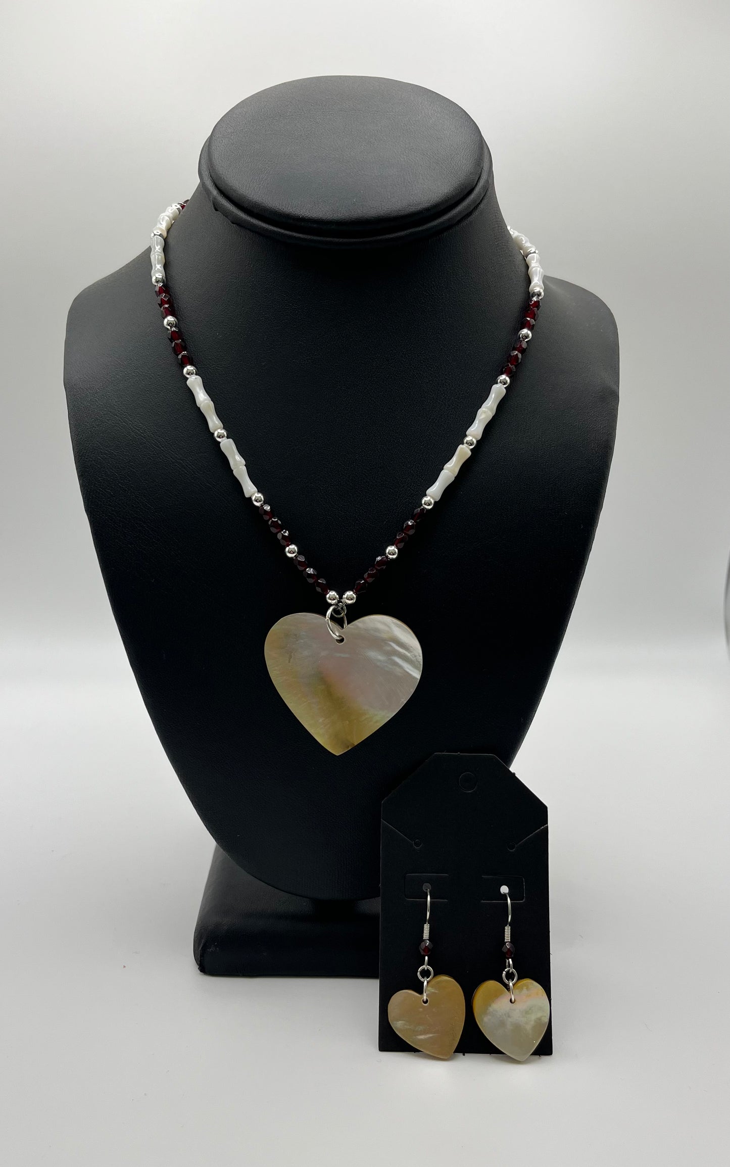Heart Shaped Shell Necklace Set with Earrings; Dark Red