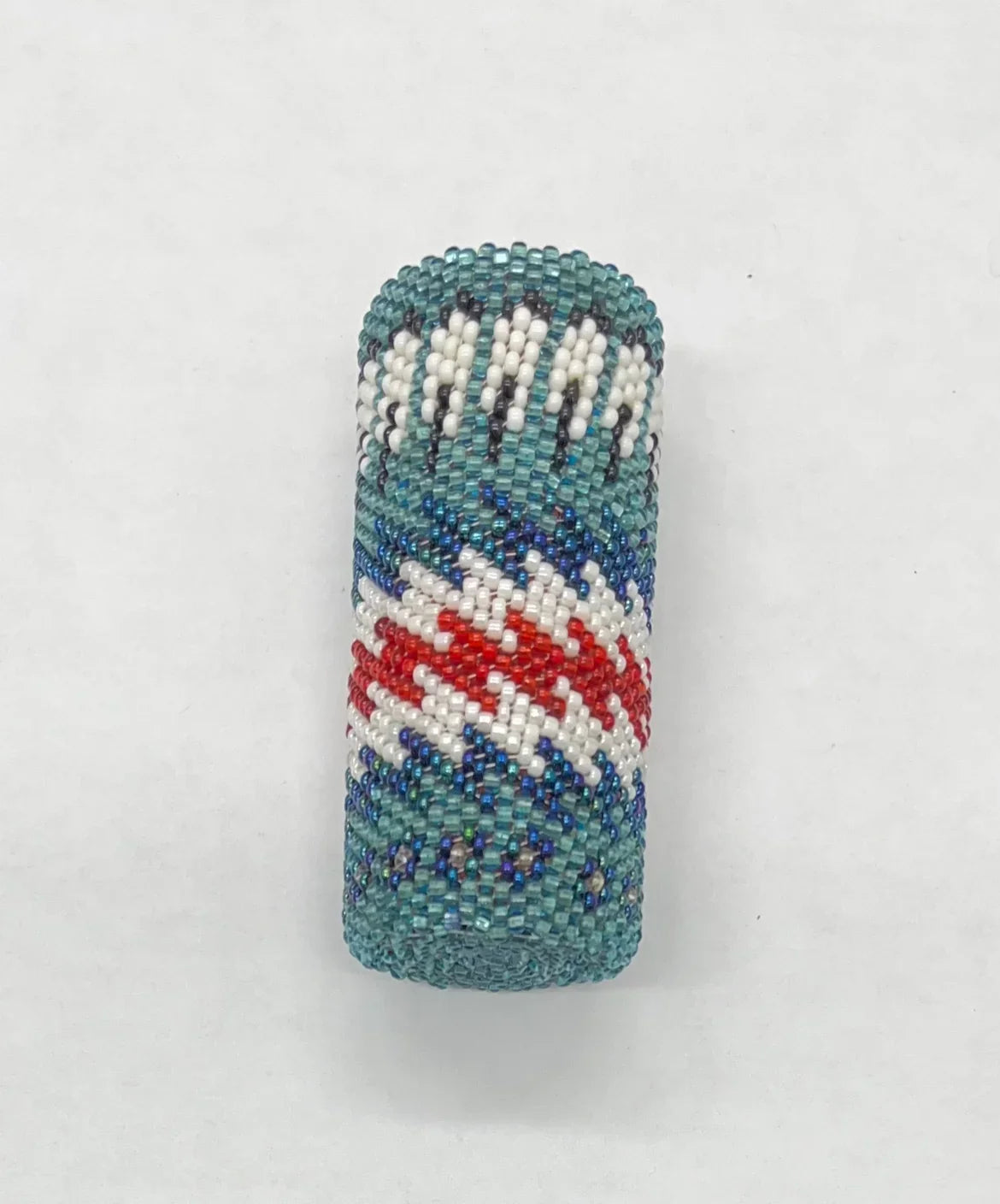 Hand-beaded Native American craft item with turquoise, red, white, and blue geometric patterns