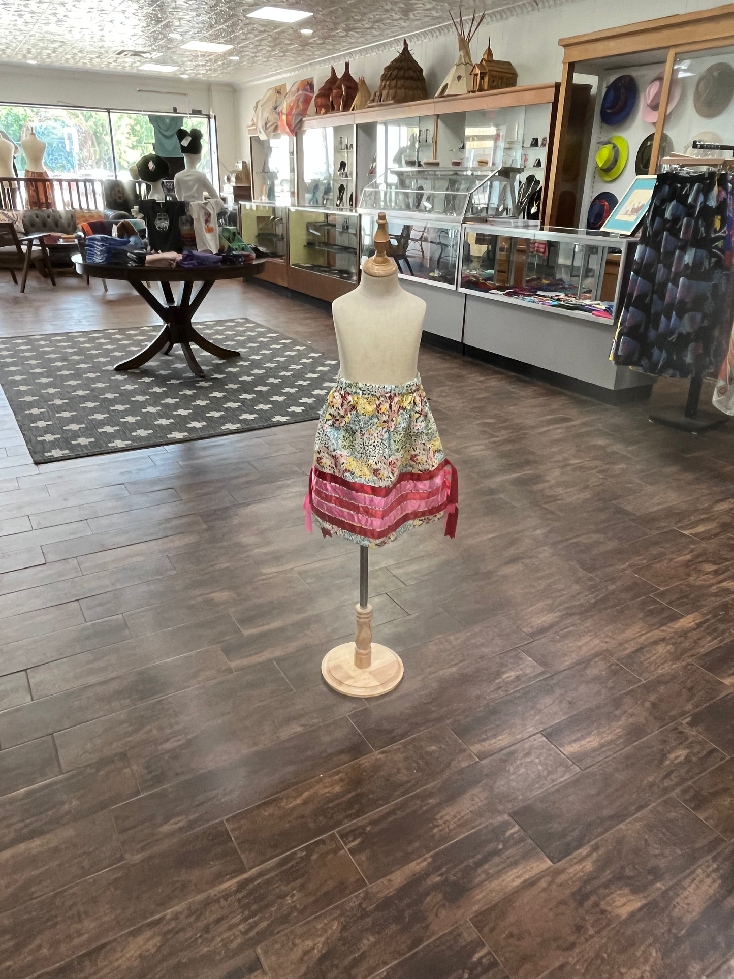 Girl’s Ribbon Skirt; Yellow Floral with Pink and Red Ribbons
