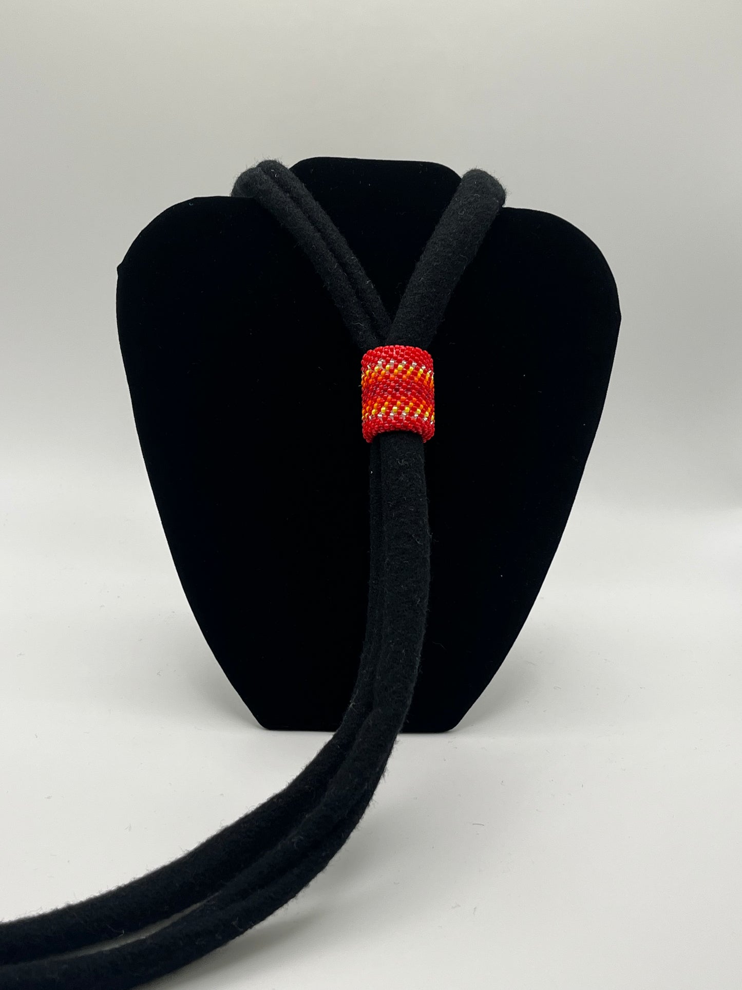 Broadcloth Bolo Tie; Black with Red Beaded Slide
