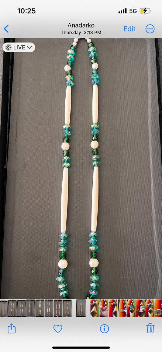 Bone and bead necklace, green with pearls