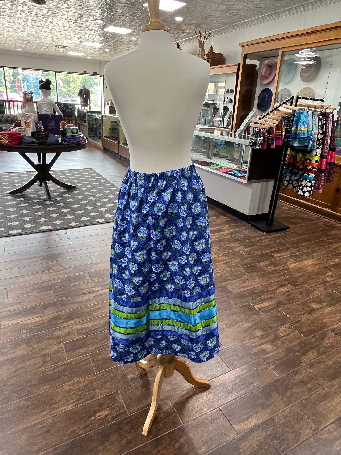 Ribbon Skirt Royal Blue Floral Design with Blue and Green Ribbons