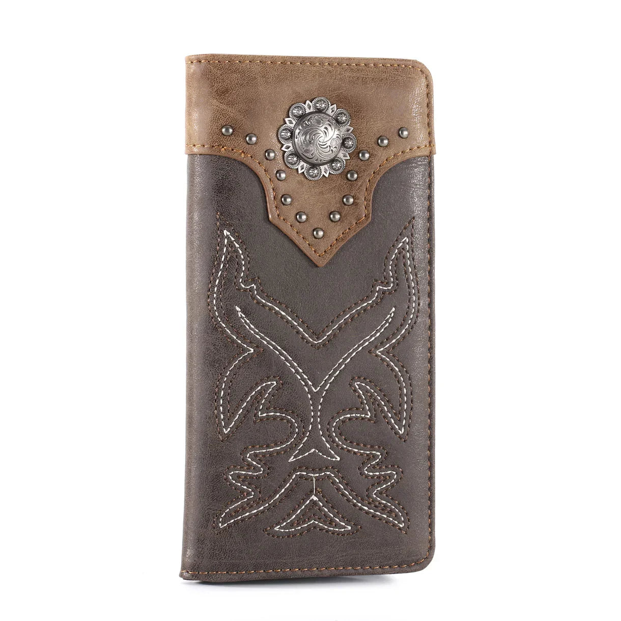 Embroidered Boot Scroll Men's Bifold Long PU Leather Wallet - Brown