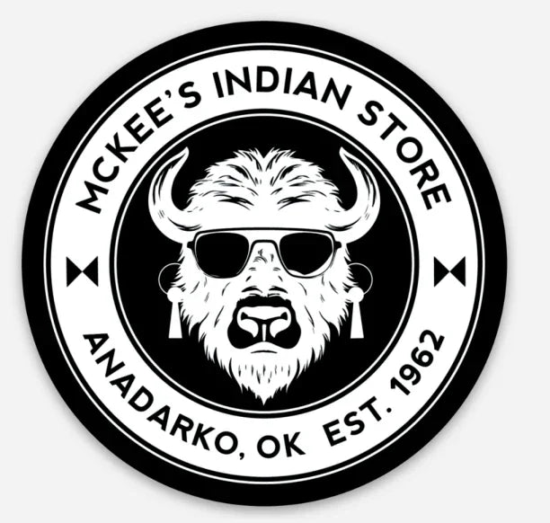 McKee’s Indian Store logo: bison in sunglasses, Anadarko OK, est. 1962 — Native art & craft supplies