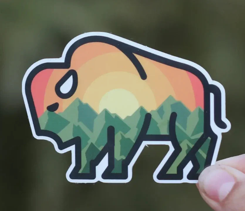 Bison silhouette sticker with sunset and mountain design, Native art inspired