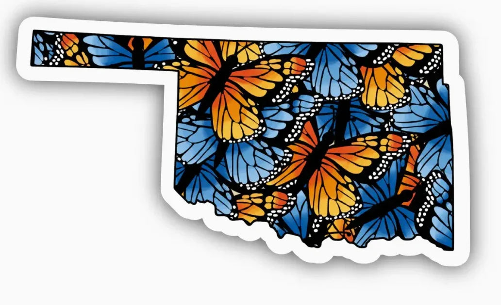 Oklahoma state outline sticker with vibrant blue and orange butterfly pattern, artistic design