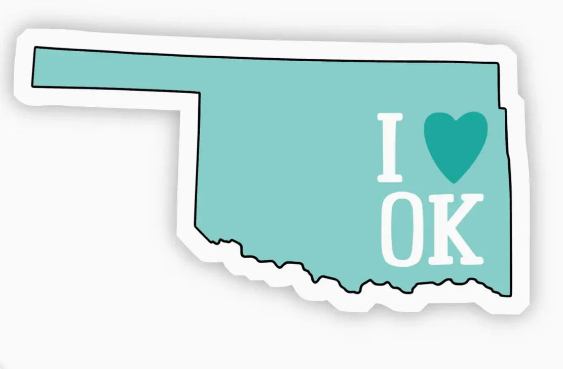 Teal Oklahoma state sticker with 'I ♥ OK' design, perfect for Native art lovers and Oklahoma pride.