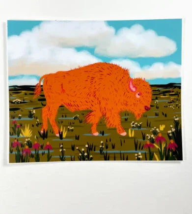Vibrant orange bison art print with wildflowers, ideal for Native art decor and cultural wall displays