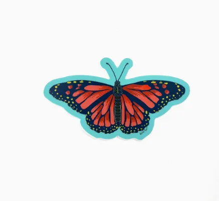 Vibrant monarch butterfly sticker with red, black, and teal design, ideal for Native art crafts and decoration.