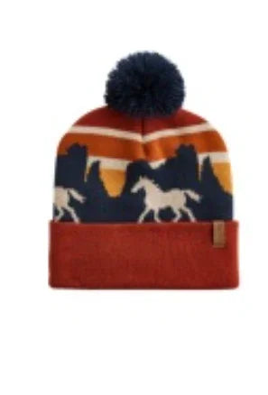 Native-inspired beanie with horse and mountain pattern, warm winter hat for traditional crafts