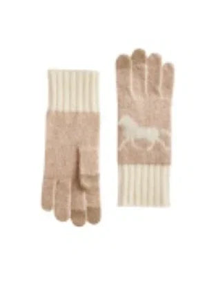 Tan knit gloves with horse design, ideal for Native American crafts and traditional clothing