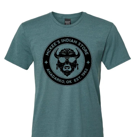 Teal t-shirt with buffalo logo, McKee's Indian Store, Anadarko OK since 1962, Native art & craft supplies