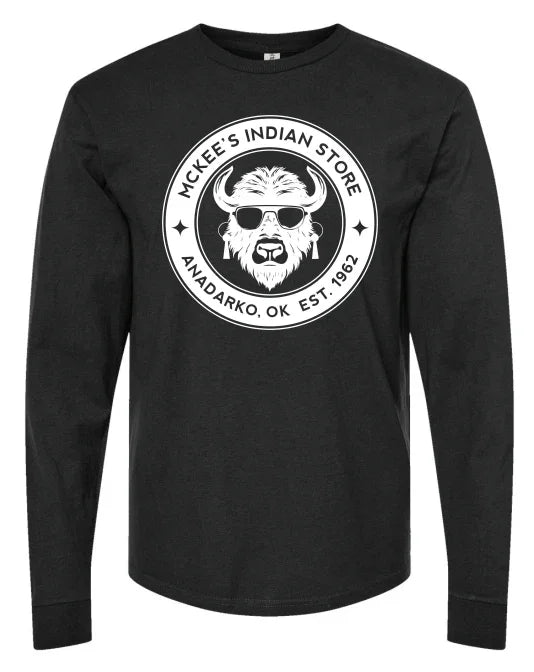 Black long-sleeve shirt with buffalo logo, McKee's Indian Store, Anadarko OK, est. 1962