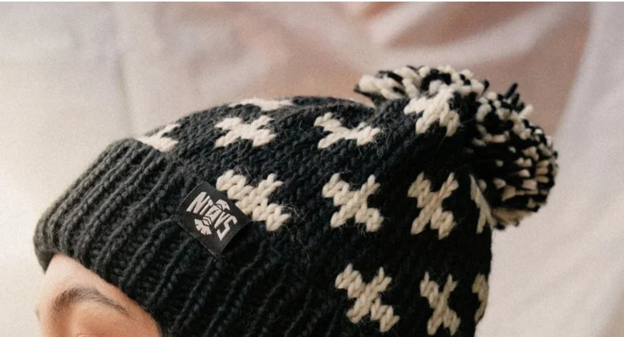 NTVS Knit Pom Beanie; Black with Cream Cross