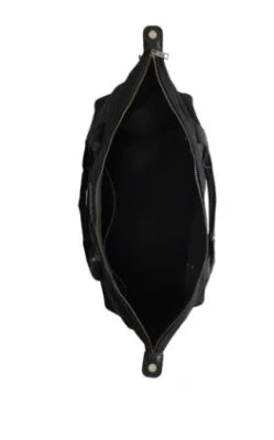 Black leather handbag interior with zipper closure, ideal for Native art supplies and crafts