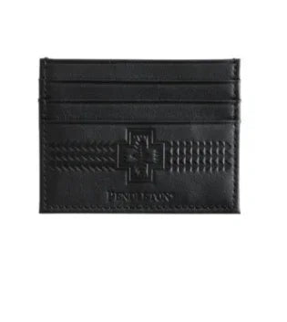 Black leather cardholder with embossed cross and woven pattern, ideal for Native art supplies