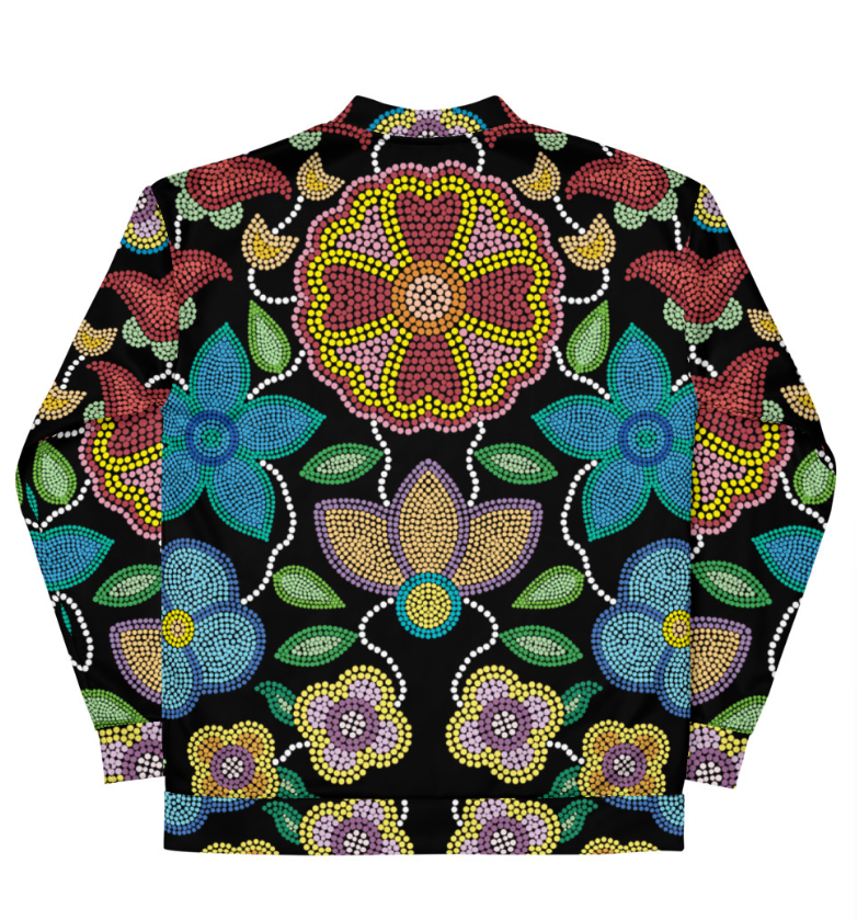 Unisex Bomber Jacket; Beaded Floral Black