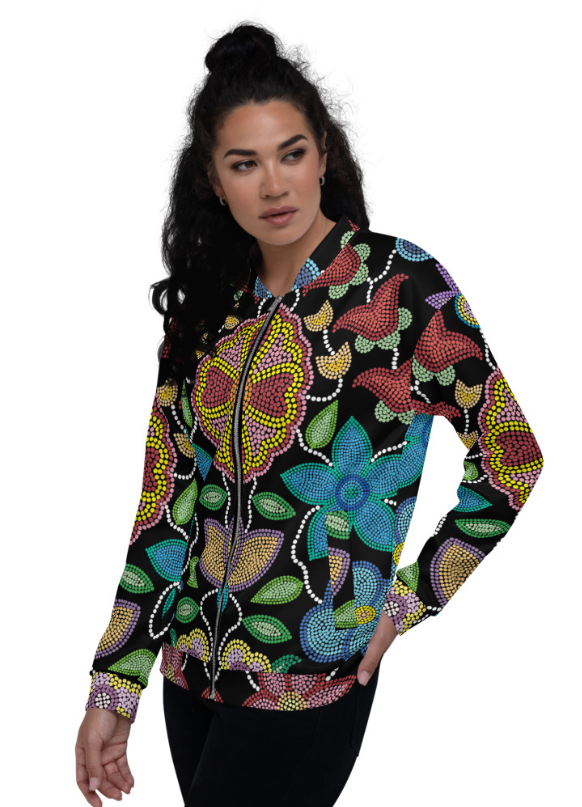 Unisex Bomber Jacket; Beaded Floral Black