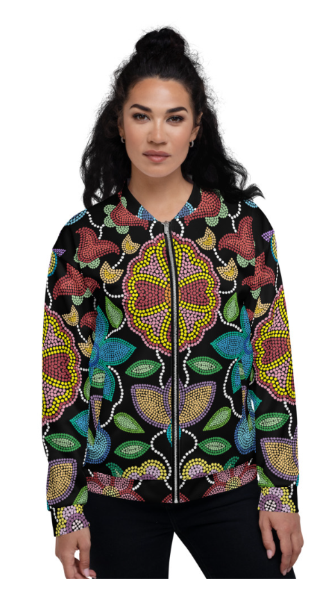 Unisex Bomber Jacket; Beaded Floral Black