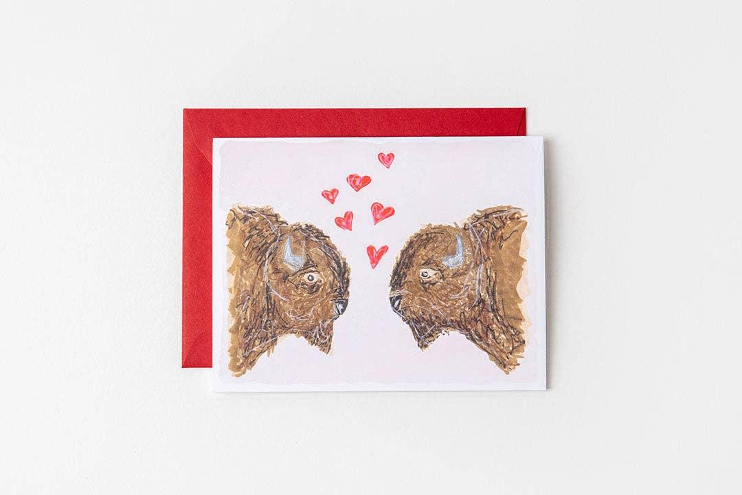 Watercolor bison love card with red hearts, perfect for Native art enthusiasts and crafters