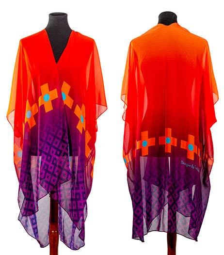 Vibrant orange and purple Native-inspired poncho with geometric patterns, ideal for traditional crafts and cultural attire.
