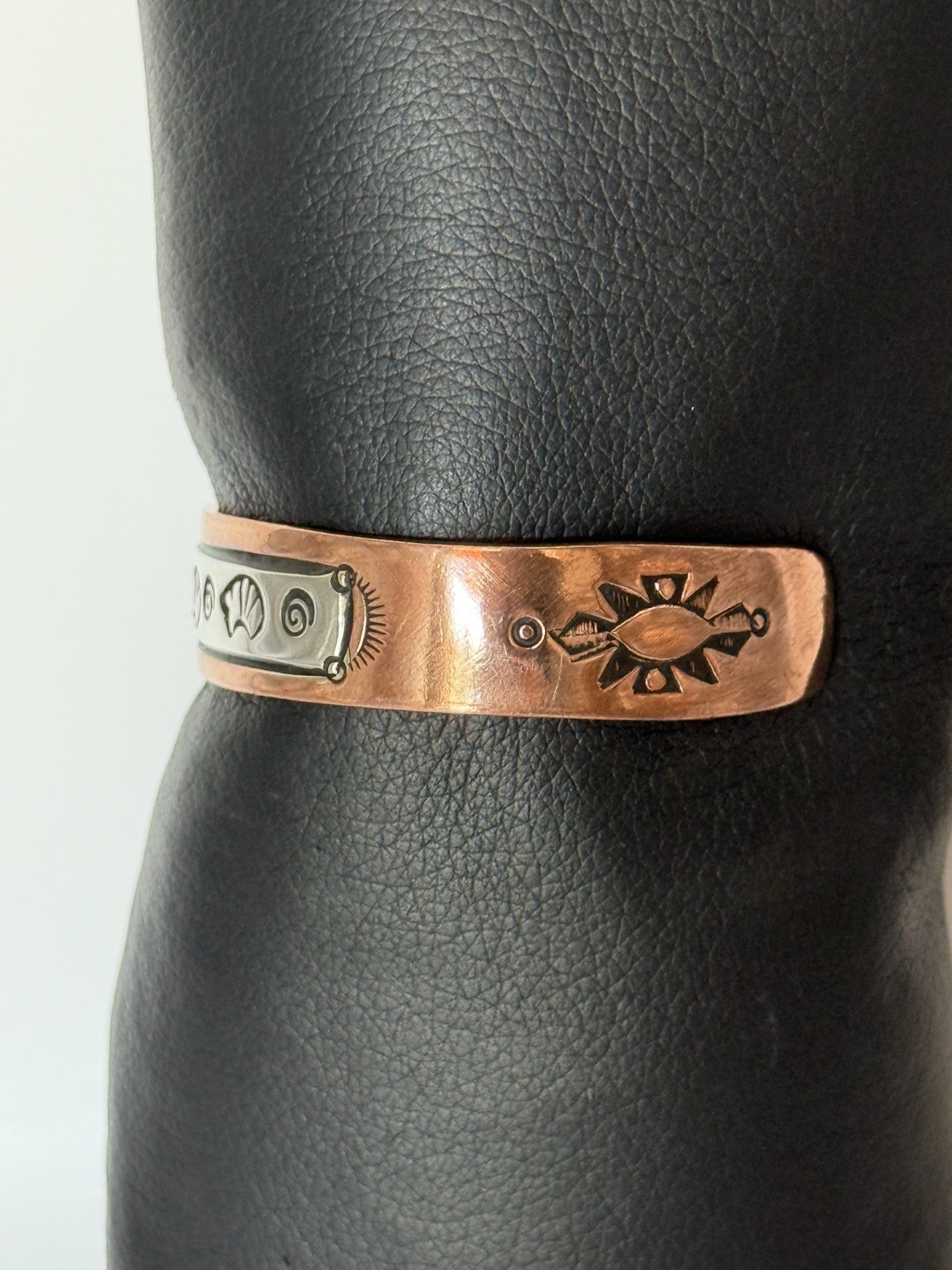 Copper & Navajo Sterling Silver Cuff Bracelet with Bear and Swirl Symbols