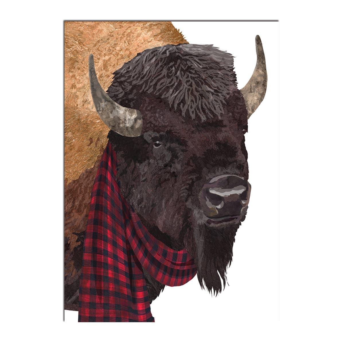 Bison art print with red plaid scarf, Native American inspired wall decor for home or craft space