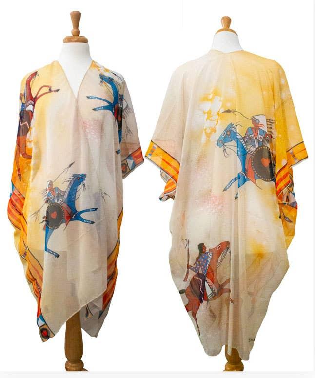 Native American art print kimono with horse and warrior designs, traditional clothing for crafts and cultural wear