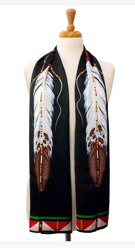Native American feather print scarf with beaded trim, ideal for traditional clothing and crafts