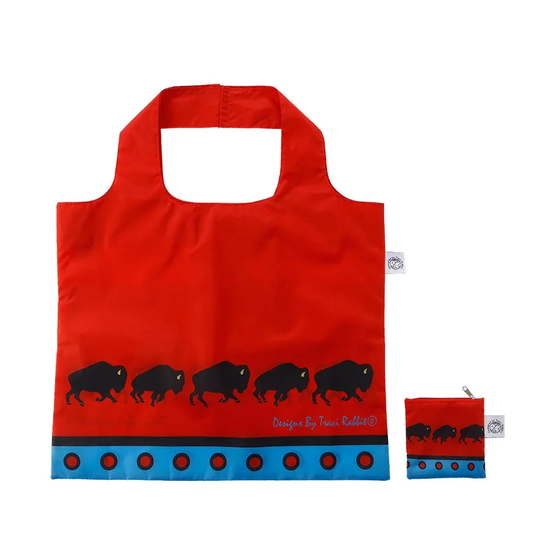 Red reusable tote bag with black bison design and blue border, featuring Native-inspired art for shopping or crafts.