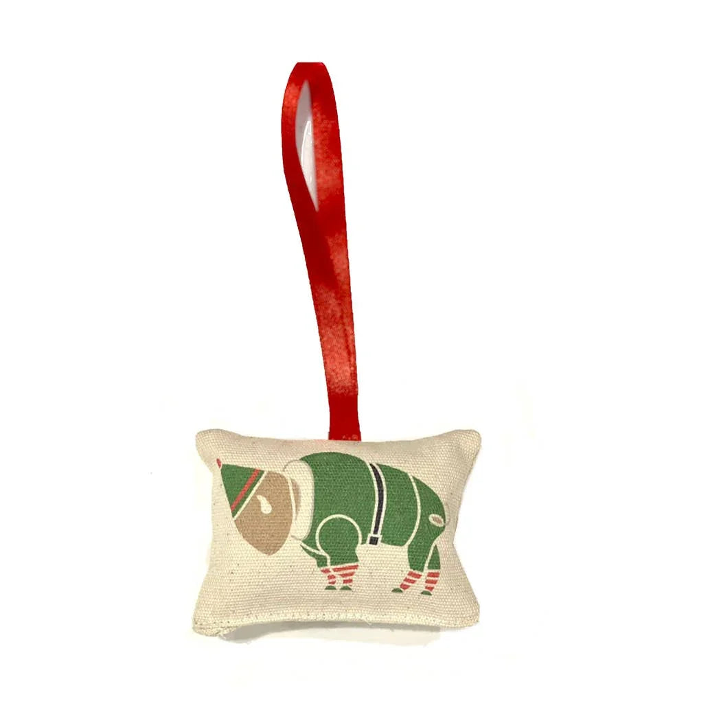 Buffalo-themed fabric ornament with red ribbon, Native art inspired holiday decor